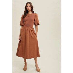 Rust Brown Puff Sleeve Midi Dress – Feminine Fit & Flare Silhouette